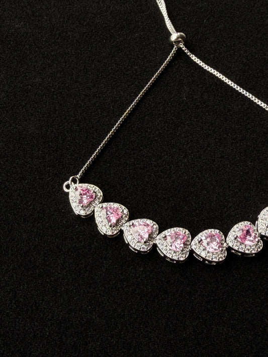 Sophia,Pink Heart Halo Adjustable Bolo Bracelet in Silver-Plated Brass