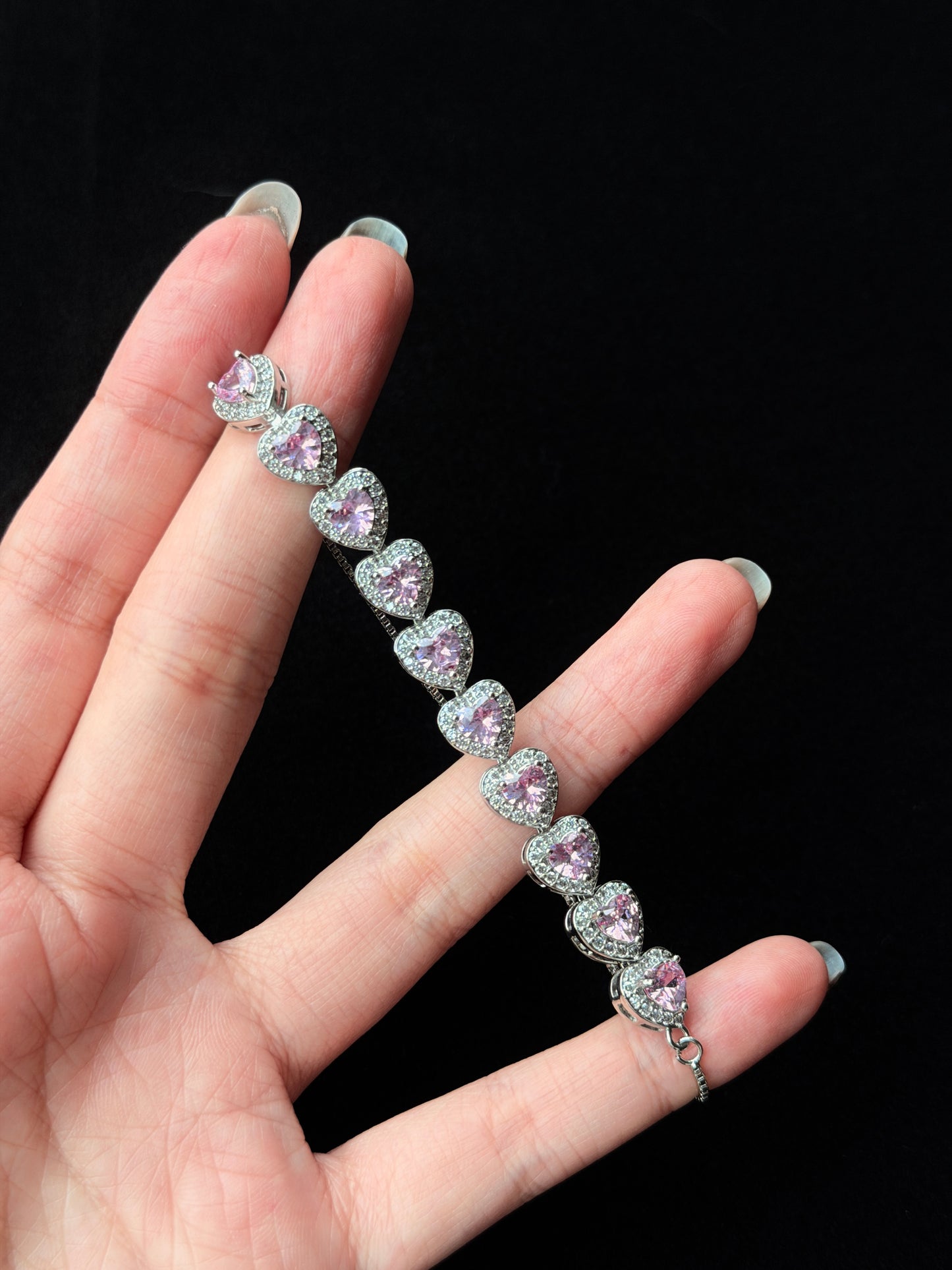 Sophia,Pink Heart Halo Adjustable Bolo Bracelet in Silver-Plated Brass