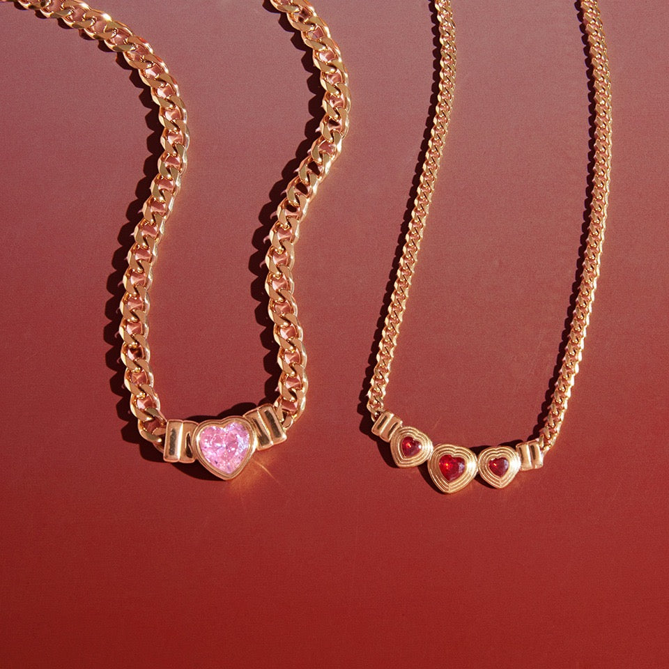 Vintage Three-Heart Ruby Red Gemstone Necklace
