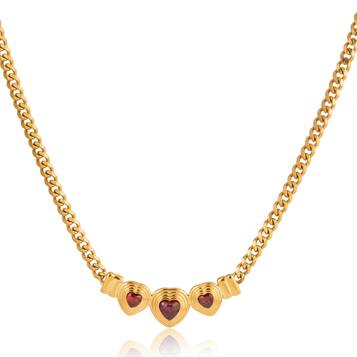 Vintage Three-Heart Ruby Red Gemstone Necklace