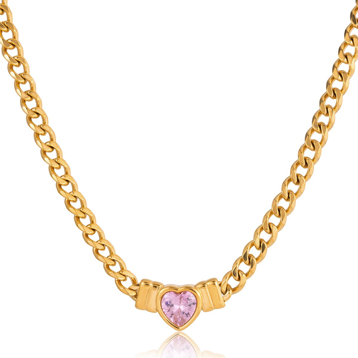 Gold Plated Stainless Steel Pink Heart Necklace