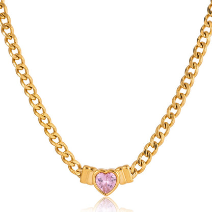 Gold Plated Stainless Steel Pink Heart Necklace