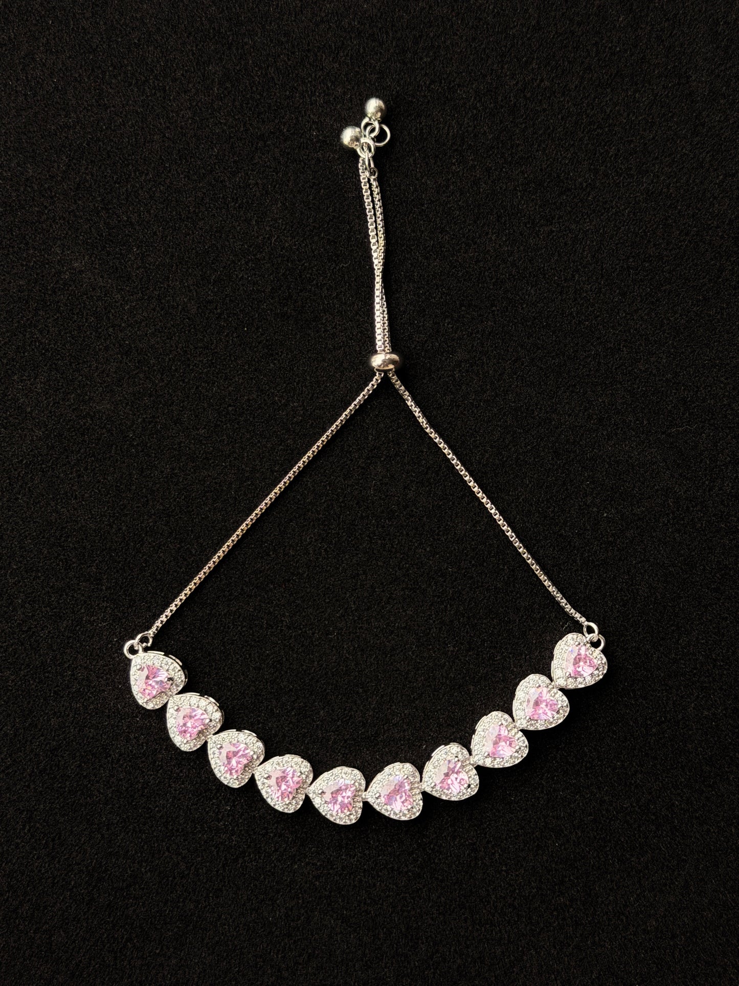 Sophia,Pink Heart Halo Adjustable Bolo Bracelet in Silver-Plated Brass