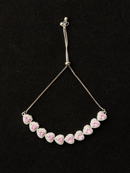 Sophia,Pink Heart Halo Adjustable Bolo Bracelet in Silver-Plated Brass