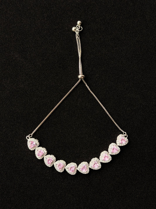 Sophia,Pink Heart Halo Adjustable Bolo Bracelet in Silver-Plated Brass