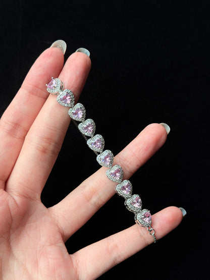 Sophia,Pink Heart Halo Adjustable Bolo Bracelet in Silver-Plated Brass