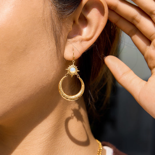 Vintage Textured Gold Sun, Moon, and Star Dangle Earrings