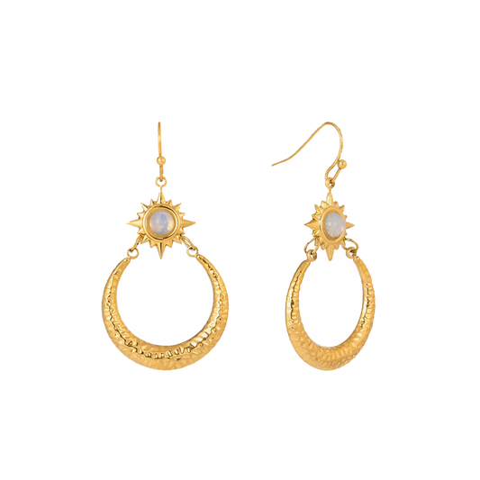 Vintage Textured Gold Sun, Moon, and Star Dangle Earrings